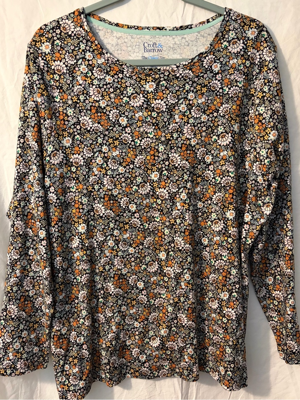 croft & barrow Black Floral-Print Long Sleeve Tee with Orange and White Accents